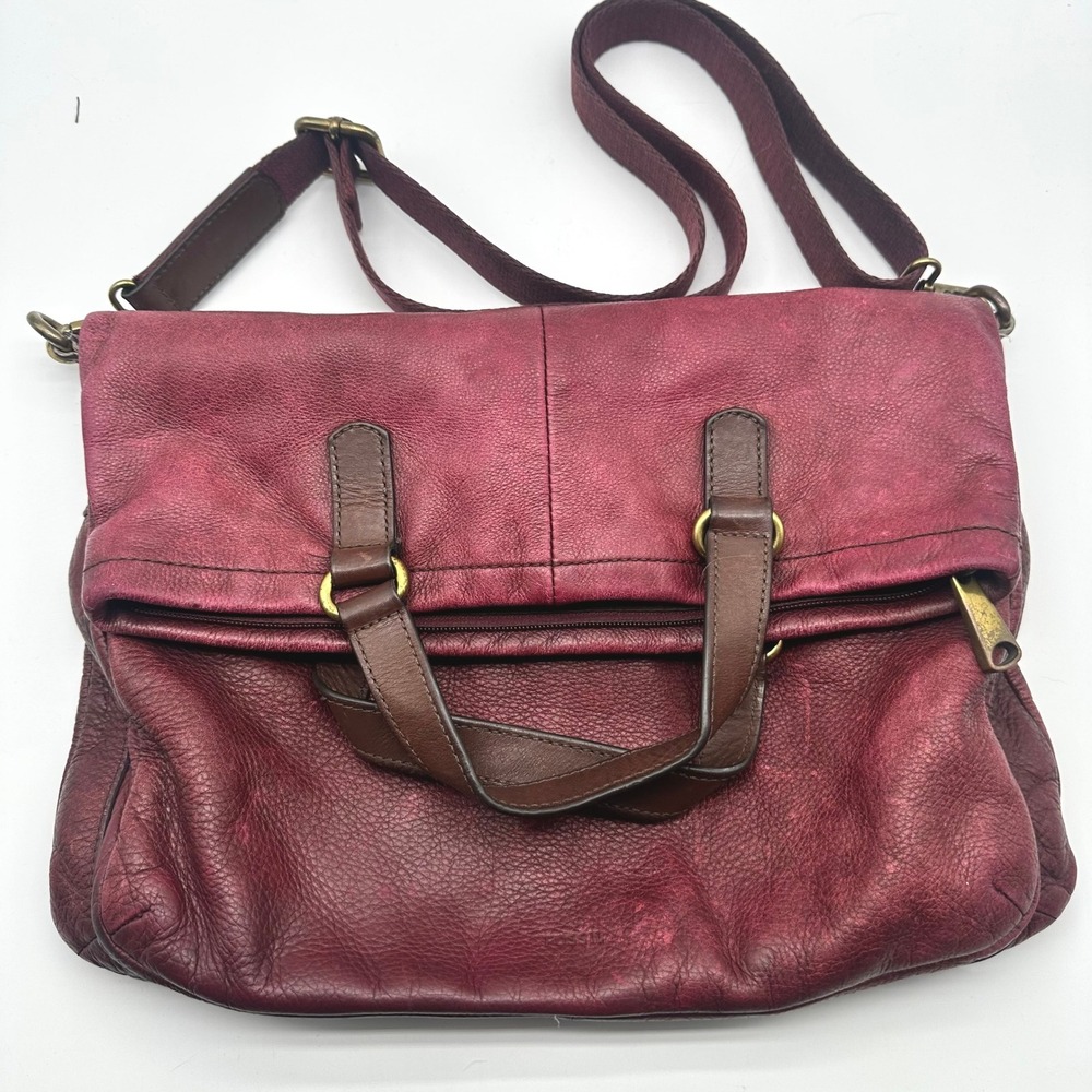 Fossil Explorer Burgundy Red Leather Fold Over Tote Crossbody Purse Bag